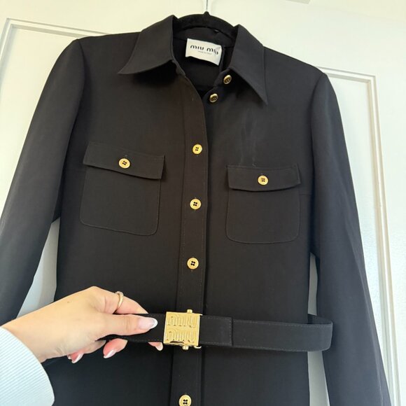 NWT Miu Miu Cady Shirt Dress Black Button Down Belted w/ Gold Tone Logo Buckle - Picture 7 of 10